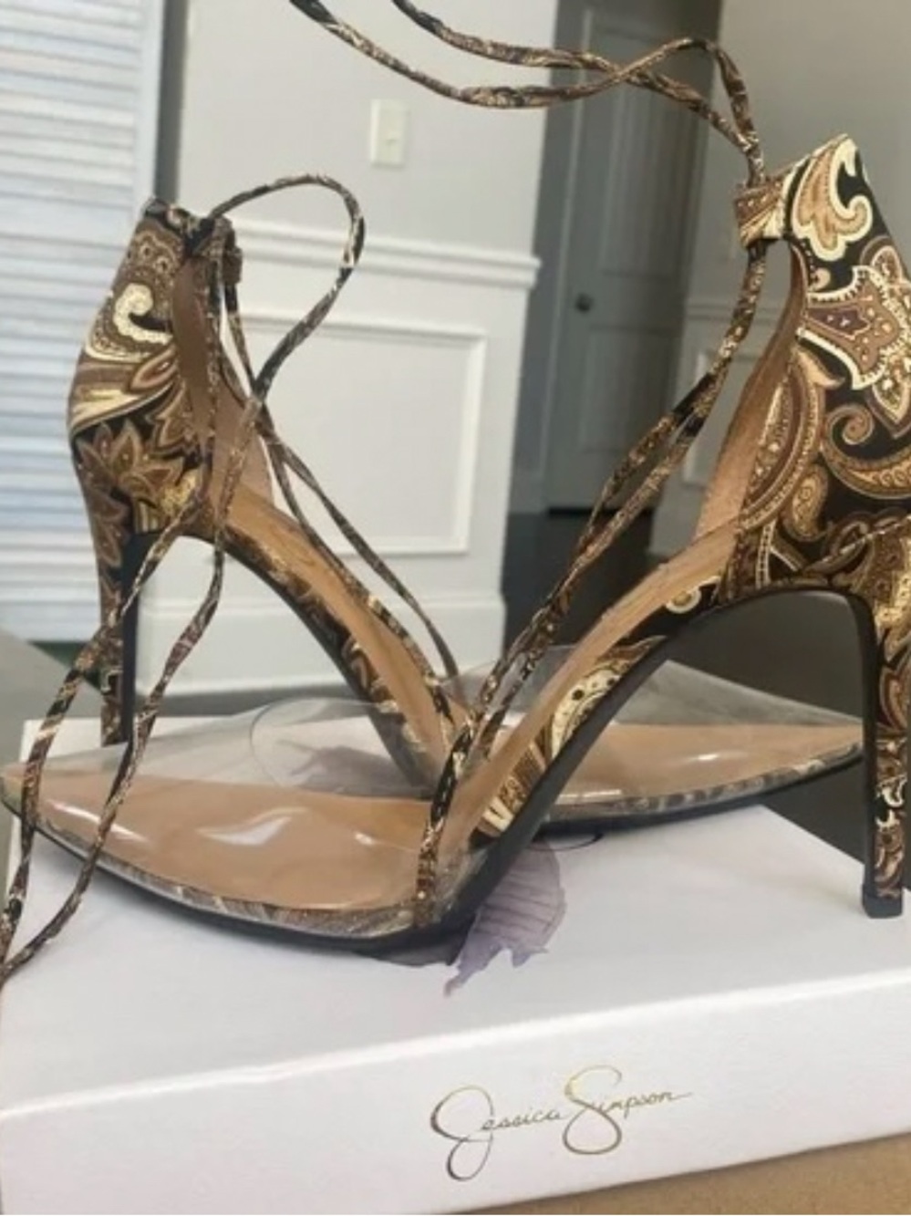 Jessica Simpson Brown Paisley Lace-Up Pointed Clear Toe Heels - Picture 3 of 3